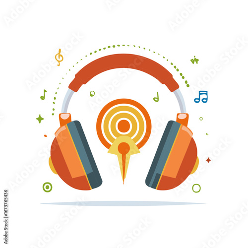 Headphones with a stylized target and musical notes, ideal for digital art or music concepts.