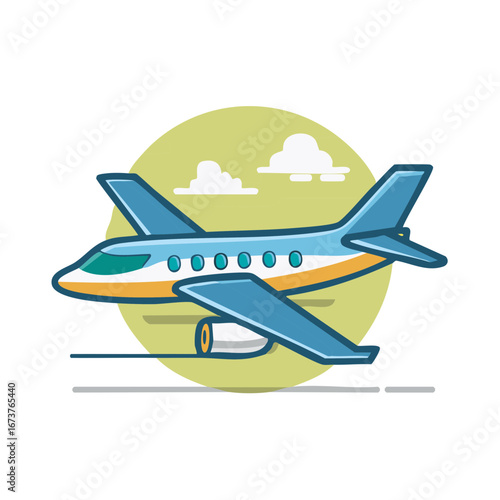 Cartoon style blue and yellow plane flying with white clouds in background