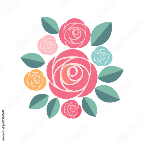 Colorful floral arrangement with roses and green leaves, graphic design element, isolated on white background