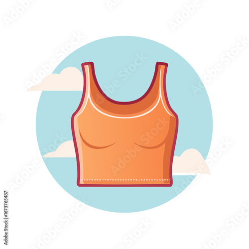 Cartoon illustration of an orange crop top inside of a blue circle with clouds