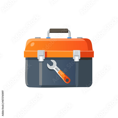 Illustrated toolbox and wrench on a plain background.