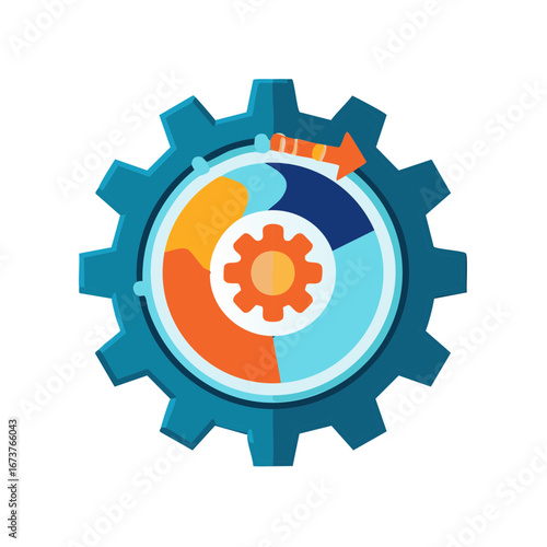 Circular process chart with rotating gears and an arrow indicating progress and continuous movement