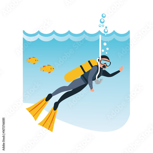 Diver in underwater ocean with fish and bubbles illustration