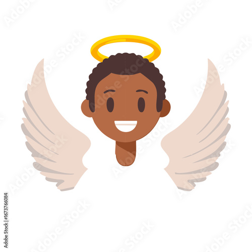 Smiling Black boy angel character with golden halo and wings cartoon illustration