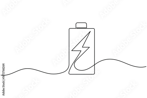Charging battery icon continuous one line drawing with lightning bolt on white background
