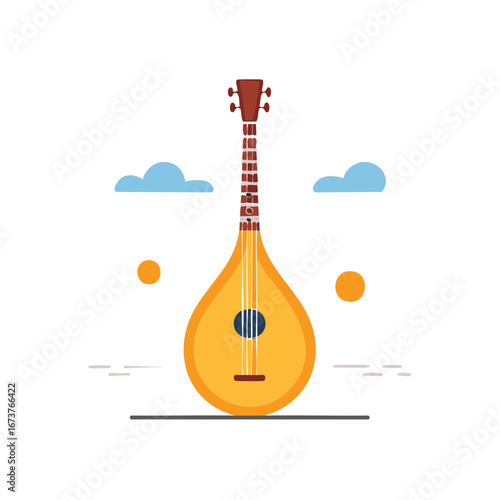 Stylized traditional folk music string instrument with simple clouds and abstract elements