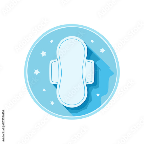 Feminine Hygiene Pad in Blue Round Frame with Starry Accent Modern Flat Design
