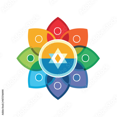 Abstract Rainbow Star Flower Chakra Symbol with Geometric Circles and Rays