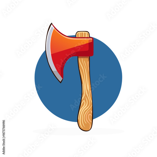 Sharp Red Axe with Wooden Handle and Blue Circle Background