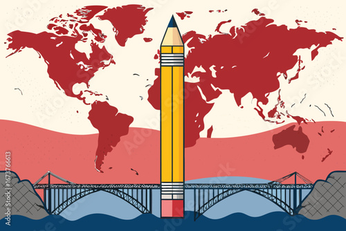 Giant pencil bridging continents for global collaboration, symbolizing education, travel, and international business.