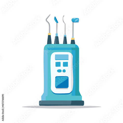 Blue dental treatment unit with various specialized instruments for dentist and patient oral care