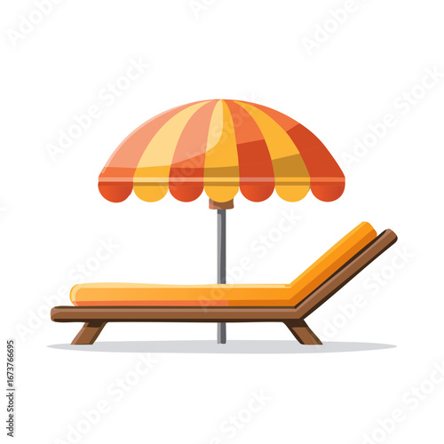 Illustration of a brown wooden lounge chair with an orange cushion and a yellow and orange striped umbrella