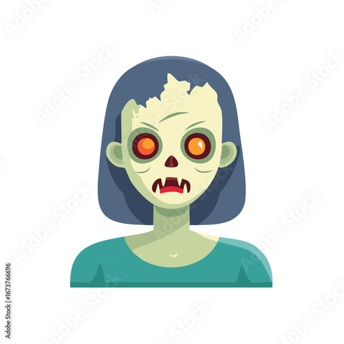 Cartoon style illustration of a zombie woman with exposed skull and red eyes