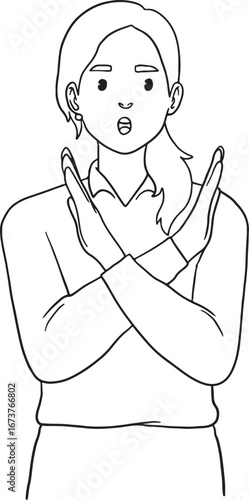 A woman making a "stop" or "no" gesture with her arms crossed in front of her, showing a firm and serious expression. Hand-drawn vector illustration. Ideal for concepts of refusal, prohibition.