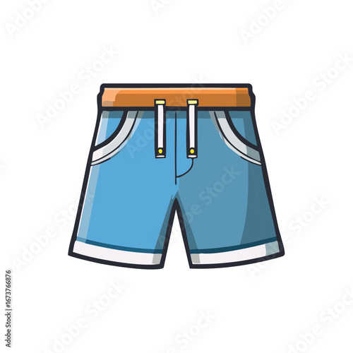Blue shorts with a brown waistband. Clothing apparel vector cartoon icon illustration.