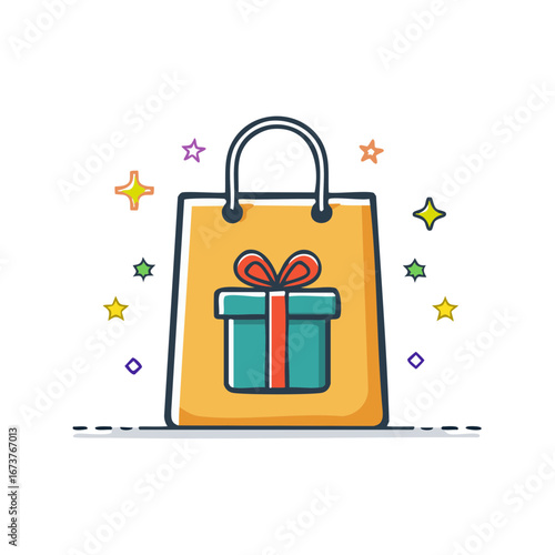Festive shopping bag with a vibrant gift box and sparkling celebration elements