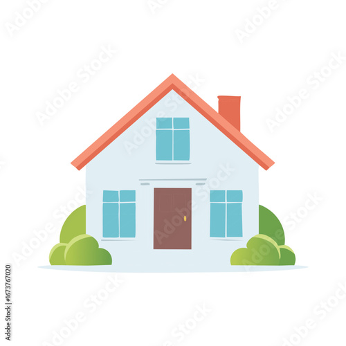 Charming cartoon house with red roof and blue windows surrounded by green bushes