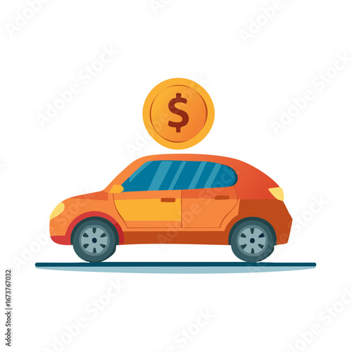 Orange Compact Car with Golden Dollar Coin Hovering Overhead Vehicle Finance Concept