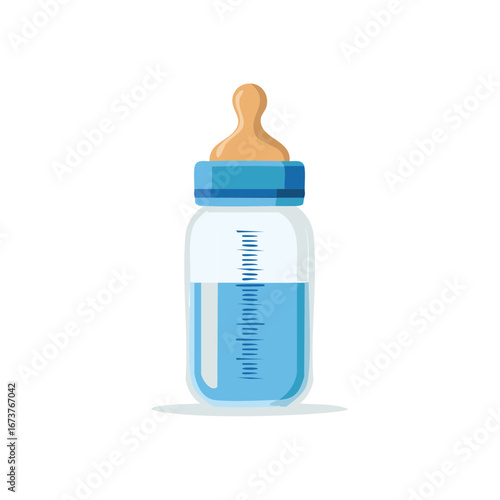 Baby bottle with blue liquid and measurement markings on white background