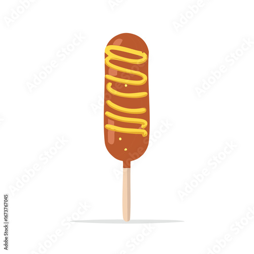 Savory corn dog with mustard drizzle on a wooden stick an American street food classic