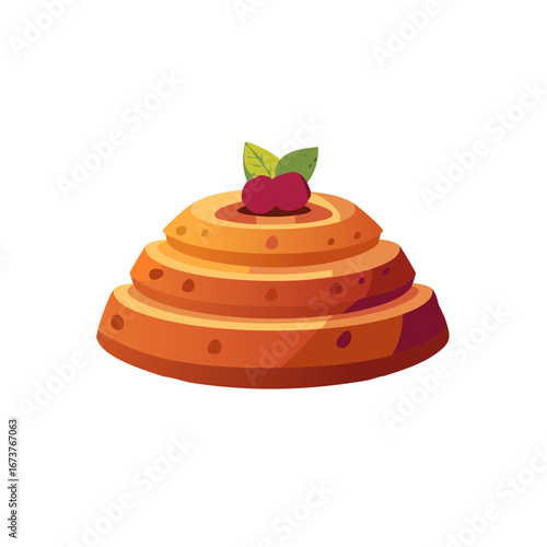 Stylized Bundt Cake Illustration with Cherries and Leaves, Dessert Icon