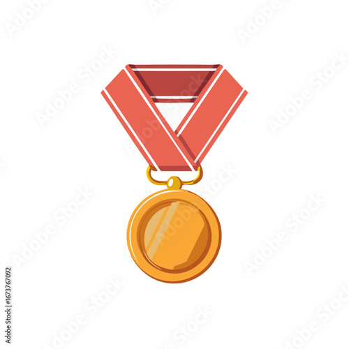 Shiny gold medal with a red ribbon representing success and achievement in sports or competition