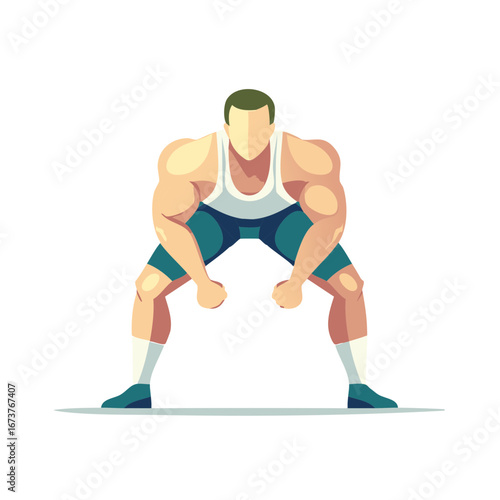 Muscular man in athletic wear performing a crouch or squat exercise, ready stance.