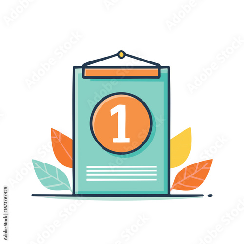 Illustration of a number 1 on a sign surrounded by colorful leaves depicting success and achievement