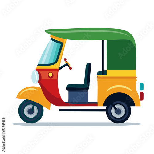Colorful Three-Wheeler Taxi Illustration, Auto Rickshaw Isolated on White Background, Vector Art