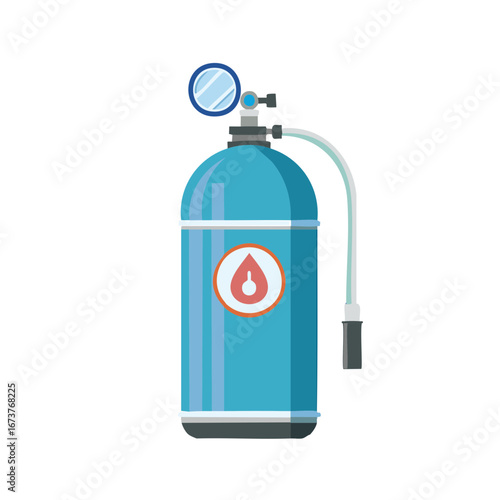 Blue medical gas cylinder with pressure gauge and droplet symbol illustration