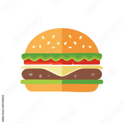 Classic cheeseburger flat design illustration with sesame seeds bun lettuce tomato cheese patty