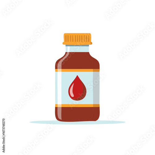 Brown Medical Syrup Bottle with a Drop Illustration on the Label, Healthcare Liquid