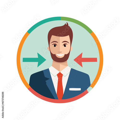 Smiling bearded businessman presented with opposing arrows within a circular options symbol