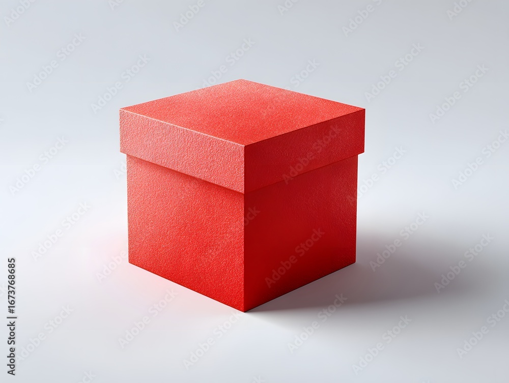Fototapeta premium Minimalist, vibrant red cube box with a subtle paper texture, sitting on a seamless white background, with clean studio lighting creating soft shadows.