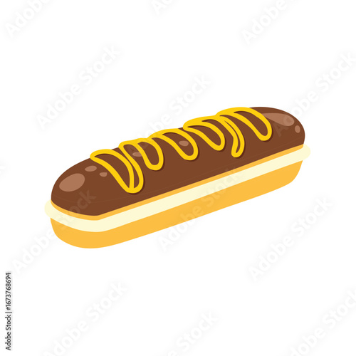 Delicious chocolate eclair with yellow decorative icing. Sweet pastry dessert food.