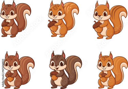 Cute cartoon squirrels holding acorns, playful woodland animals, happy furry squirrels with bushy tails, adorable forest creatures, smiling squirrels with nuts.