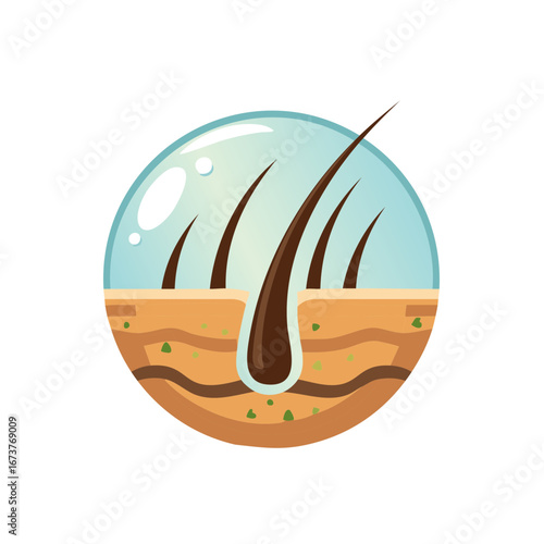 Hair Follicle Illustration Showing Hair Growth and Skin Layers in a Round Frame