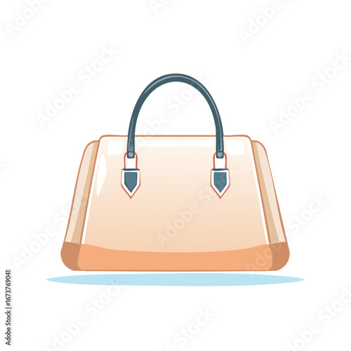 Illustration of stylish handbag in beige with dark handles and a blue shadow