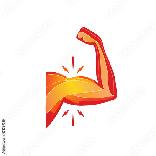 Arm muscle strain with pain, muscle sprain pain or ache, strong biceps with lightning symbol, body part injury illustration