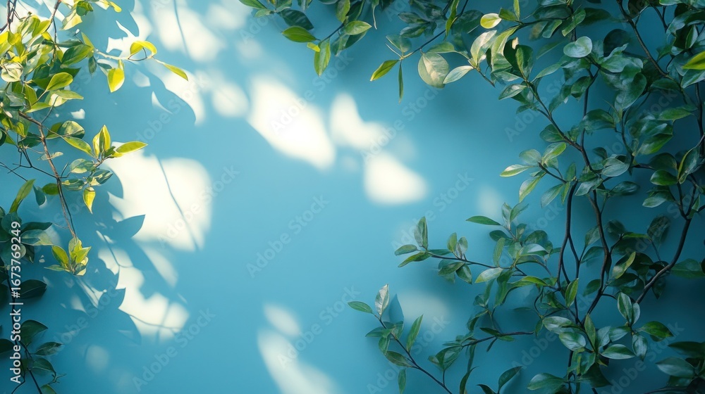 Obraz premium Light-dappled teal backdrop framed by greenery