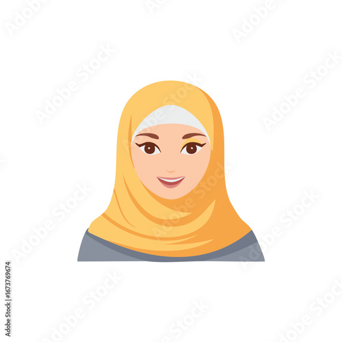 Smiling Muslim woman wearing a vibrant yellow hijab an expressive avatar portrait illustrating diversity and friendliness
