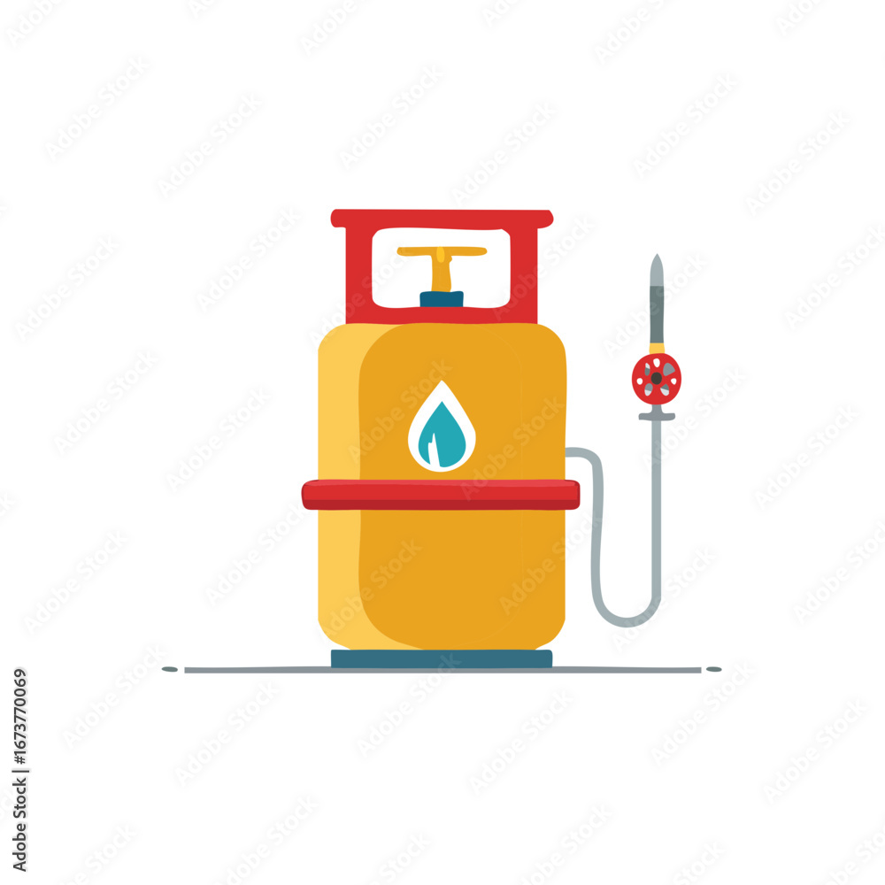 Fototapeta premium Liquefied petroleum gas cylinder with hose and burner nozzle flat icon