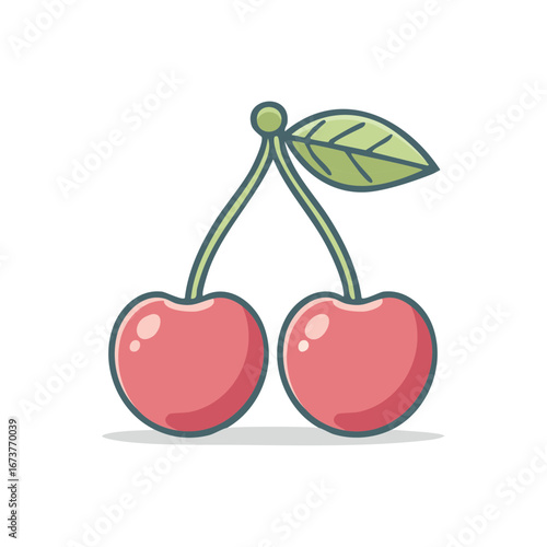 Vibrant cartoon illustration of two ripe red cherries connected by a green stem and a single leaf