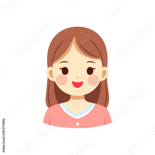 Friendly young woman with brown hair and rosy cheeks smiling sweetly in a pink top