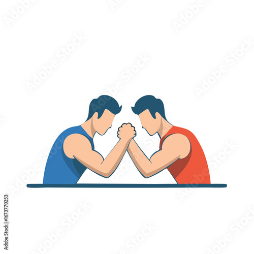 Vector illustration of two strong men competing in an arm wrestling match symbolizing rivalry and power