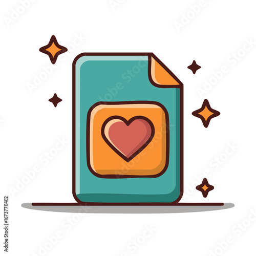 Digital file document showing a favorite red heart symbol with sparkling stars icon