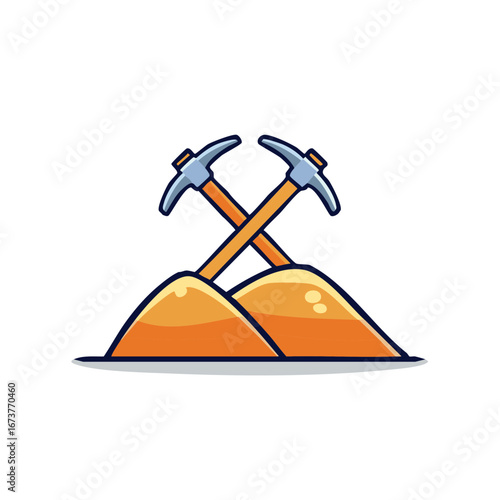 Cartoon crossed pickaxes mining hills logo vector icon illustration