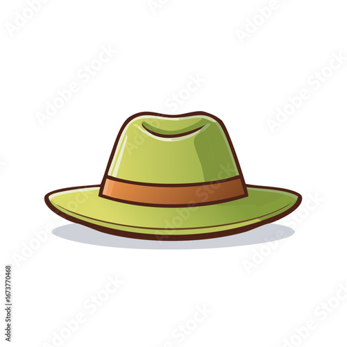 Cartoon illustration of a light green fedora hat with a brown band and a wide brim