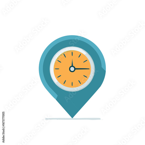 Map pointer with a clock face icon illustrating important scheduled time and place