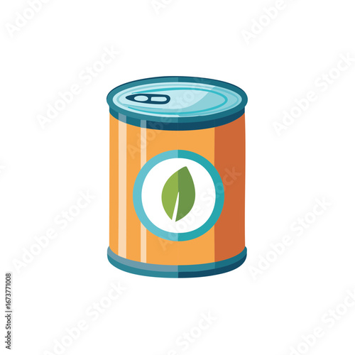 Canned goods with leaf, eco food container with vegetable emblem, natural conserved food container illustration
